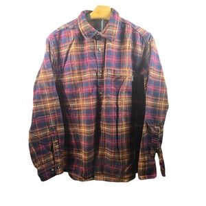 Eddie Bauer Mens Large Flannel Shirt Long Sleeve Plaid Cotton Burgundy Navy Blue